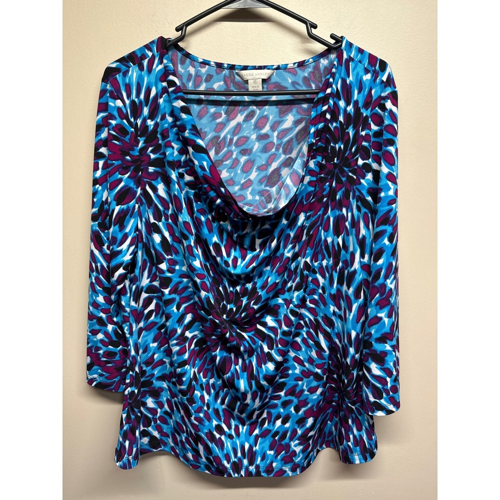 Laura Ashley Women's XL Blue Purple Abstract‎ Floral Cowl Neck Long Sleeve Top